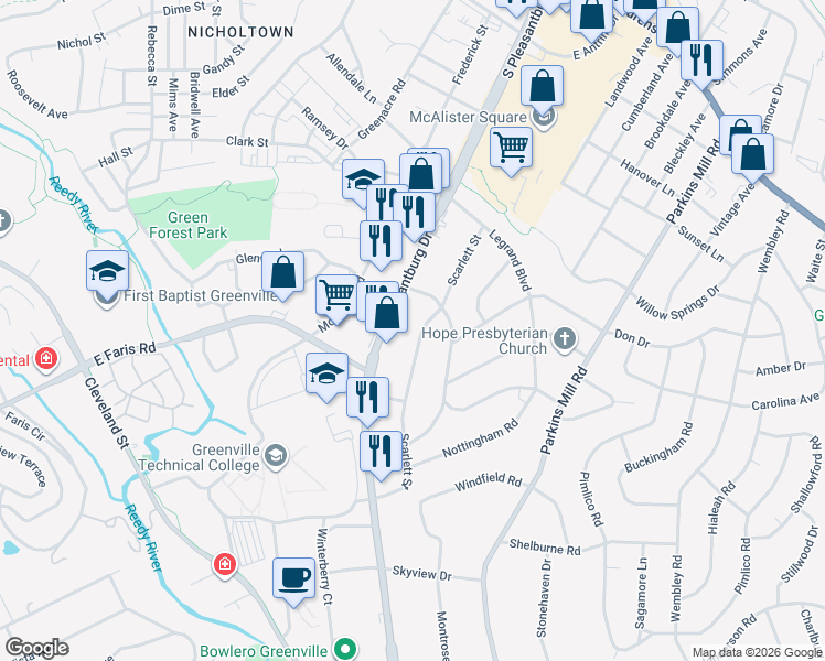 map of restaurants, bars, coffee shops, grocery stores, and more near 112 Scarlett Street in Greenville