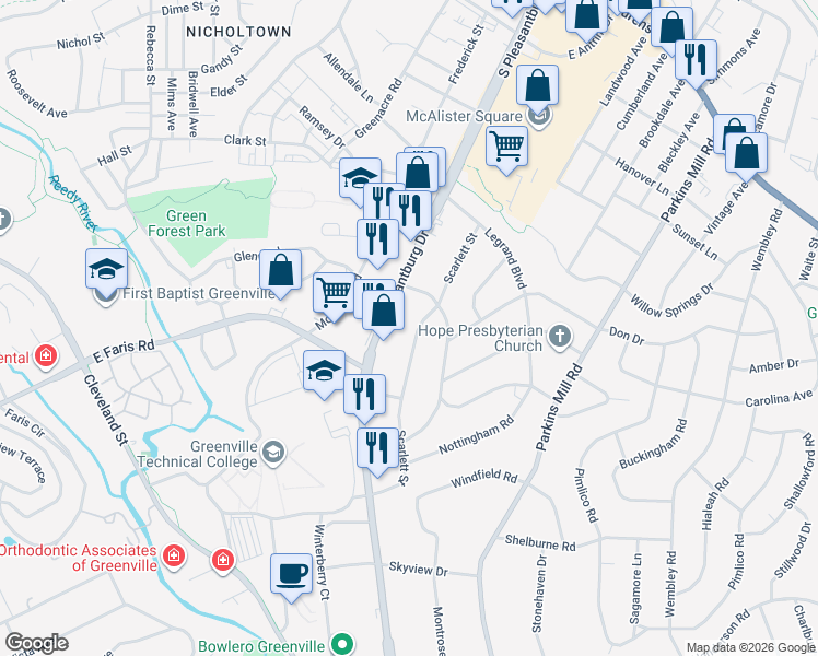 map of restaurants, bars, coffee shops, grocery stores, and more near 112 Scarlett Street in Greenville