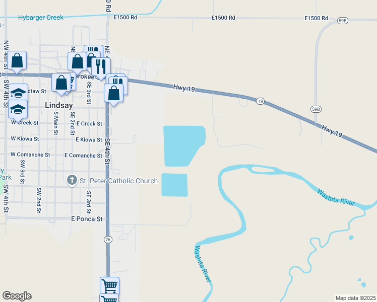 map of restaurants, bars, coffee shops, grocery stores, and more near Ponca Street in Lindsay