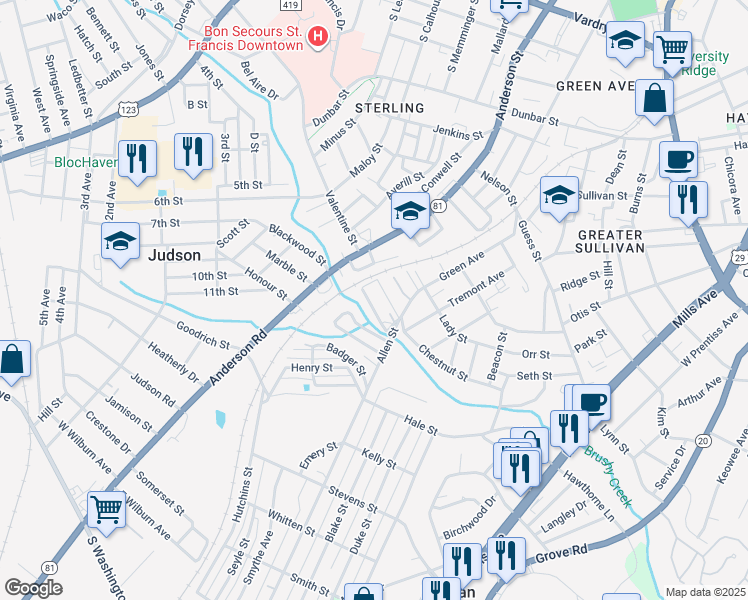 map of restaurants, bars, coffee shops, grocery stores, and more near 7 Gallon Street in Greenville