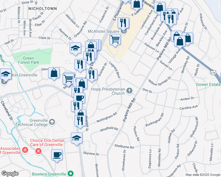 map of restaurants, bars, coffee shops, grocery stores, and more near 100 Don Drive in Greenville