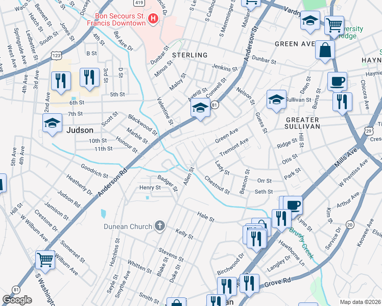 map of restaurants, bars, coffee shops, grocery stores, and more near 7 Gallon Street in Greenville