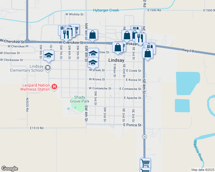 map of restaurants, bars, coffee shops, grocery stores, and more near 507 Southwest 2nd Street in Lindsay