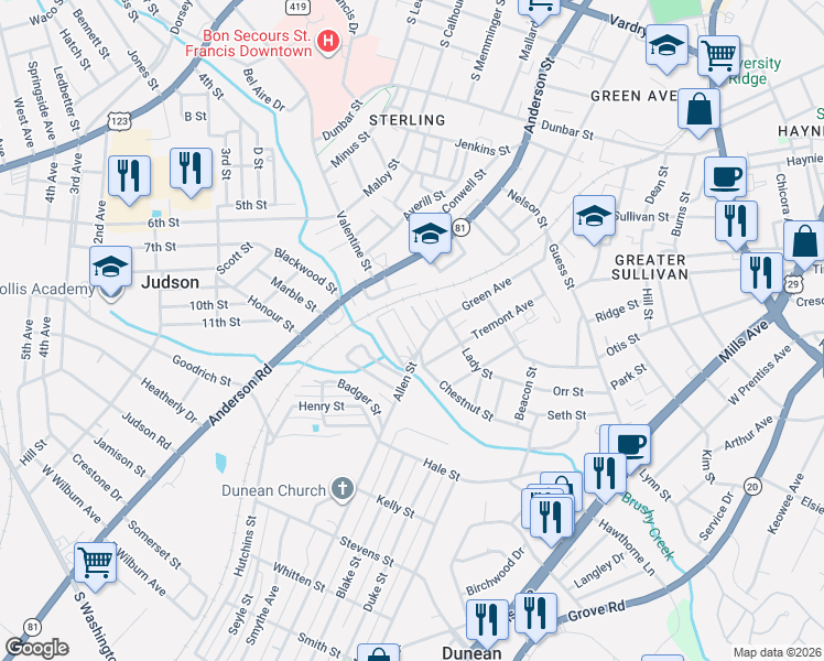 map of restaurants, bars, coffee shops, grocery stores, and more near 1011 Green Avenue in Greenville