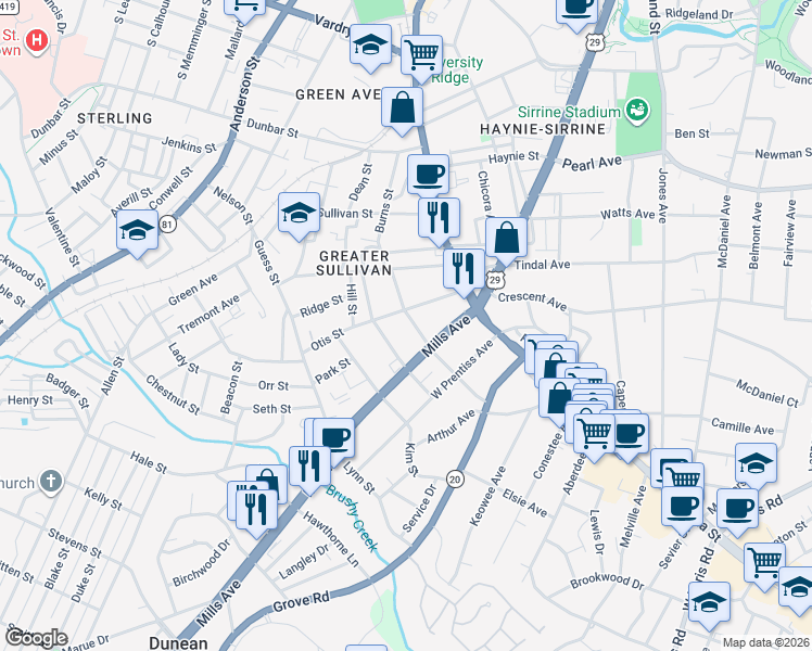 map of restaurants, bars, coffee shops, grocery stores, and more near 106 Elm Street in Greenville