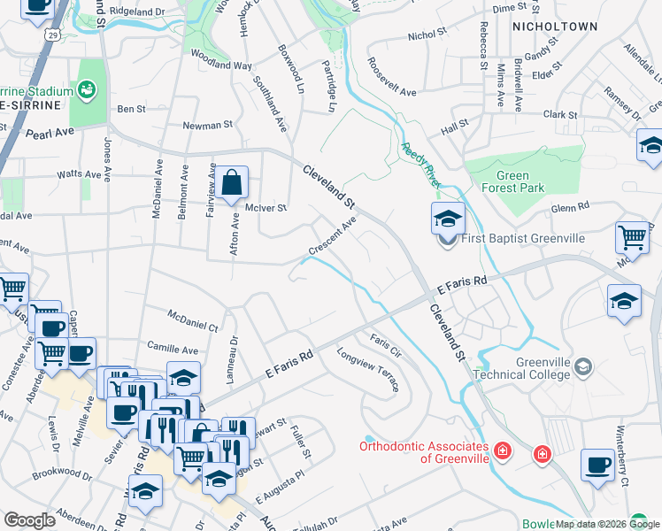 map of restaurants, bars, coffee shops, grocery stores, and more near 310 Pine Forest Drive Extension in Greenville