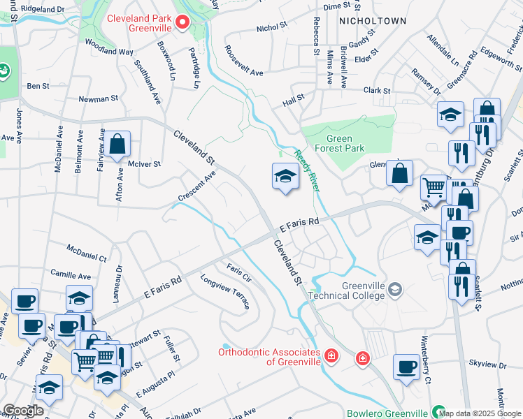 map of restaurants, bars, coffee shops, grocery stores, and more near 847 Cleveland Street in Greenville