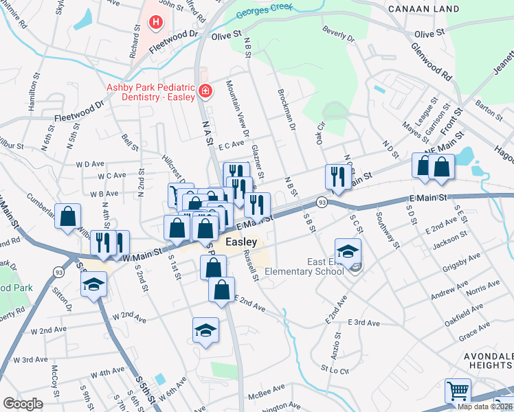 map of restaurants, bars, coffee shops, grocery stores, and more near 103 Pathfinder Circle in Easley