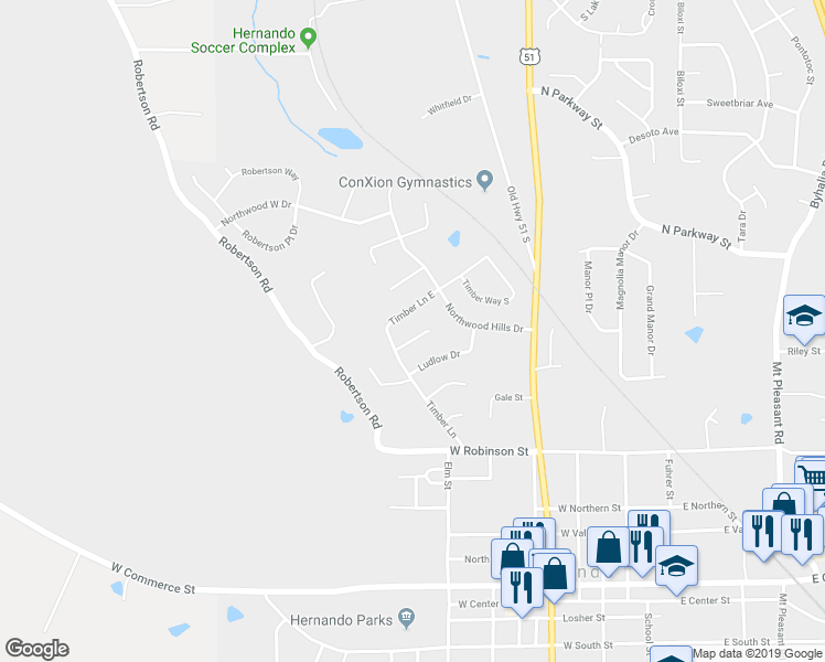 map of restaurants, bars, coffee shops, grocery stores, and more near 654 Timber Cove in Hernando