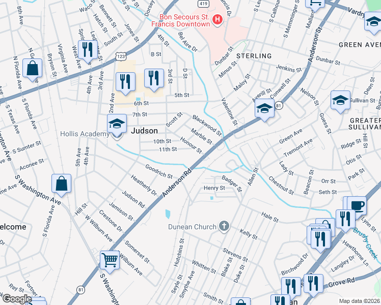 map of restaurants, bars, coffee shops, grocery stores, and more near 34 11th St in Greenville