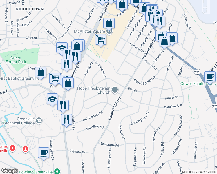 map of restaurants, bars, coffee shops, grocery stores, and more near 313 Legrand Boulevard in Greenville