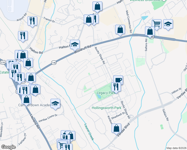 map of restaurants, bars, coffee shops, grocery stores, and more near 400 Algonquin Trail in Greenville