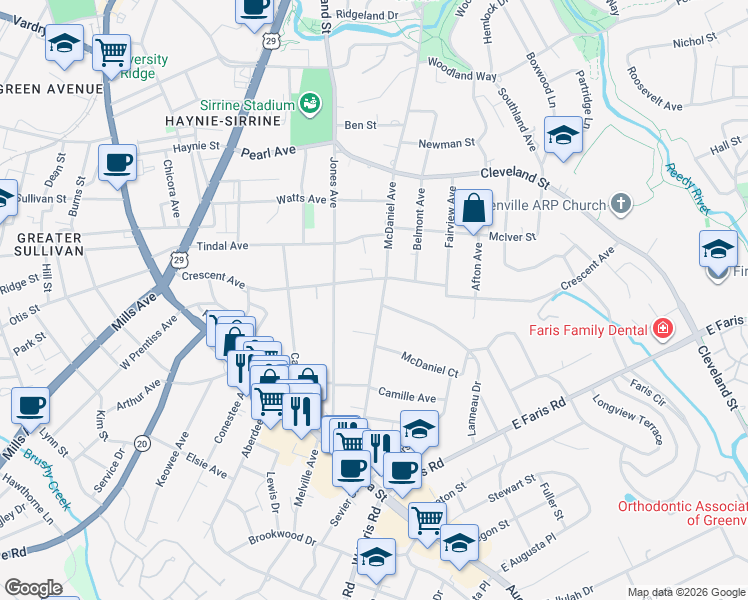 map of restaurants, bars, coffee shops, grocery stores, and more near 608 McDaniel Avenue in Greenville