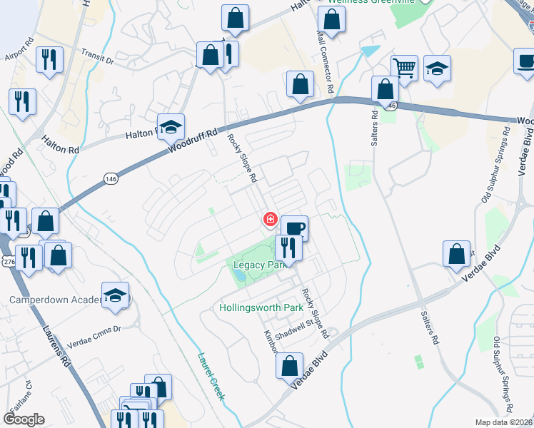 map of restaurants, bars, coffee shops, grocery stores, and more near 114 Danvers Road in Greenville