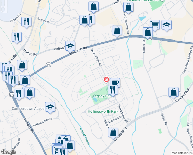 map of restaurants, bars, coffee shops, grocery stores, and more near 23 Verlin Drive in Greenville
