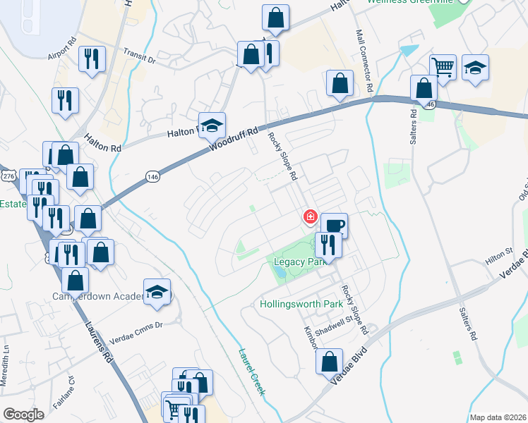 map of restaurants, bars, coffee shops, grocery stores, and more near 400 Algonquin Trail in Greenville