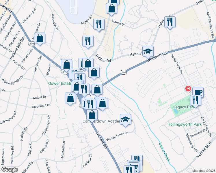 map of restaurants, bars, coffee shops, grocery stores, and more near 200 Woodruff Road in Greenville