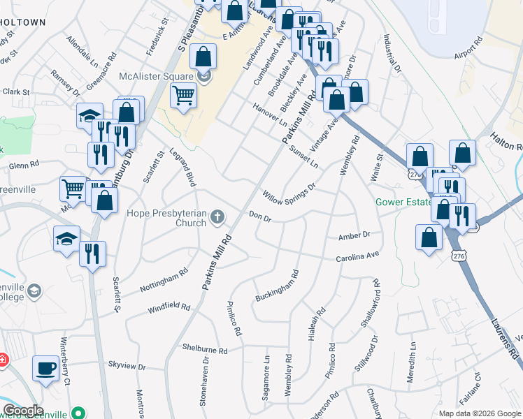 map of restaurants, bars, coffee shops, grocery stores, and more near 403 Don Drive in Greenville
