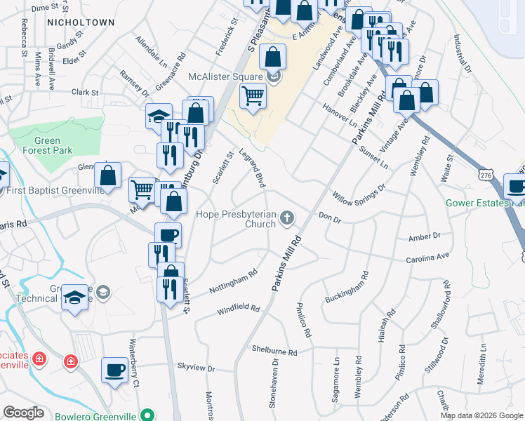 map of restaurants, bars, coffee shops, grocery stores, and more near 313 Legrand Boulevard in Greenville