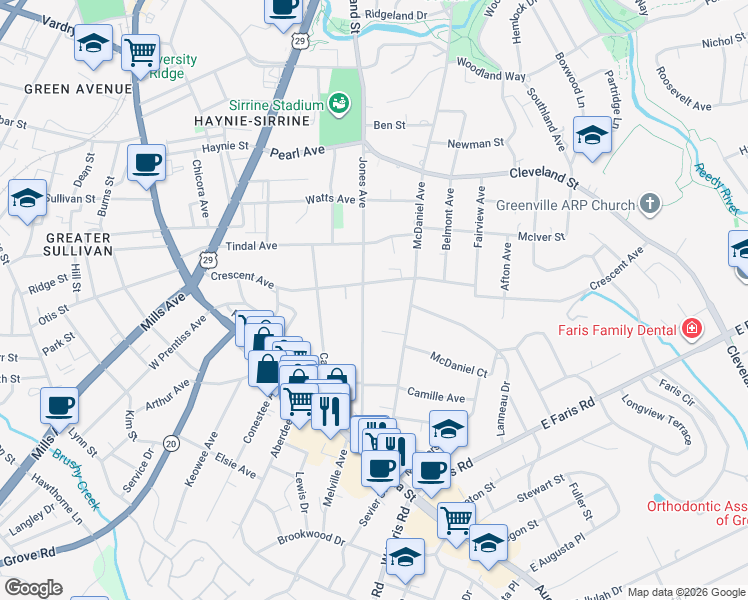 map of restaurants, bars, coffee shops, grocery stores, and more near 309 Jones Avenue in Greenville