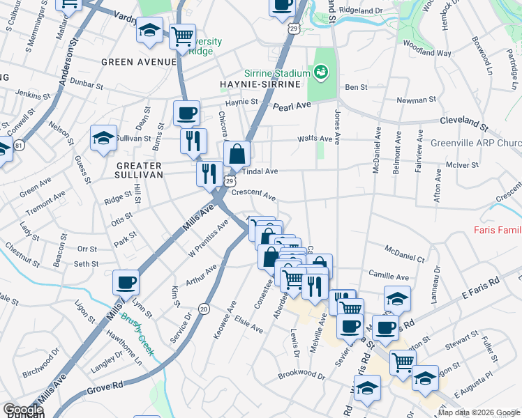 map of restaurants, bars, coffee shops, grocery stores, and more near 111 East Prentiss Avenue in Greenville