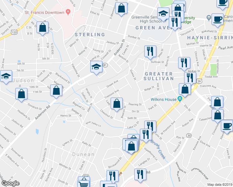 map of restaurants, bars, coffee shops, grocery stores, and more near 208 Stafford Street in Greenville