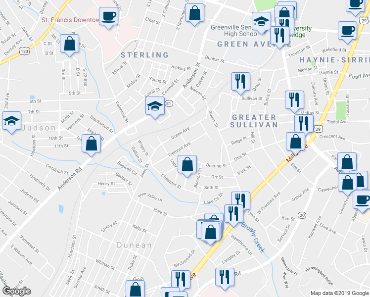 map of restaurants, bars, coffee shops, grocery stores, and more near 208 Stafford Street in Greenville