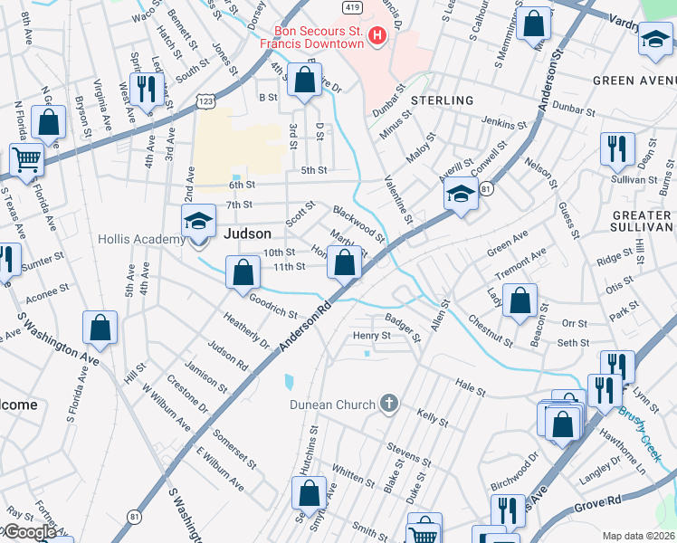 map of restaurants, bars, coffee shops, grocery stores, and more near 34 11th Street in Greenville
