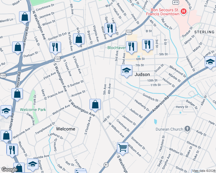 map of restaurants, bars, coffee shops, grocery stores, and more near 46 4th Avenue in Greenville