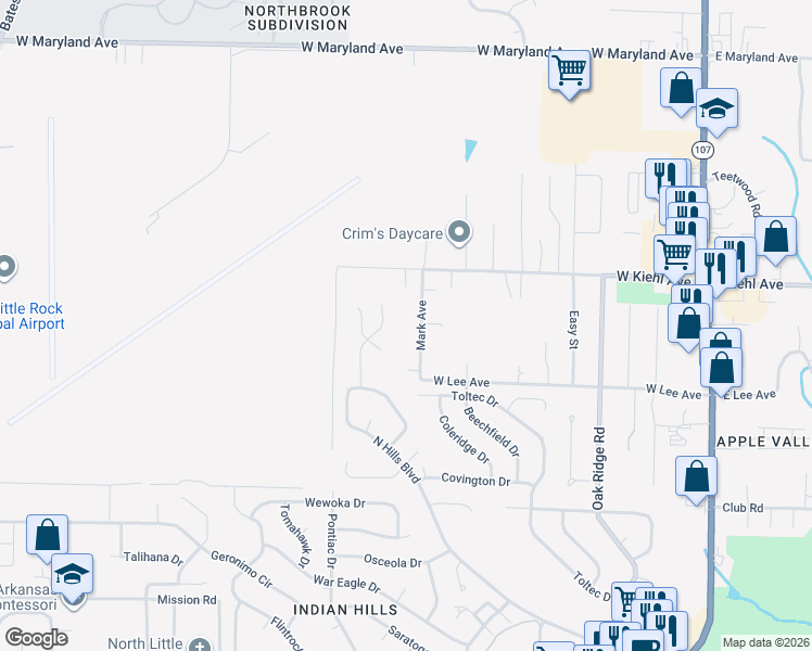 map of restaurants, bars, coffee shops, grocery stores, and more near 8308 Brighton Drive in North Little Rock