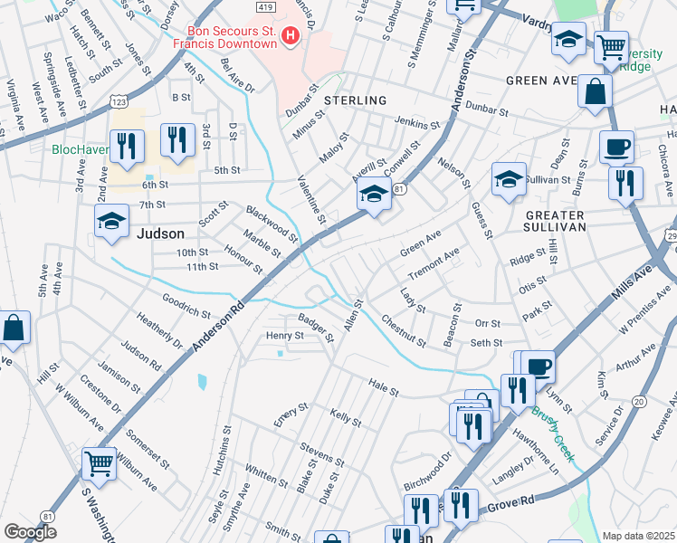 map of restaurants, bars, coffee shops, grocery stores, and more near 5 Gallon Street in Greenville