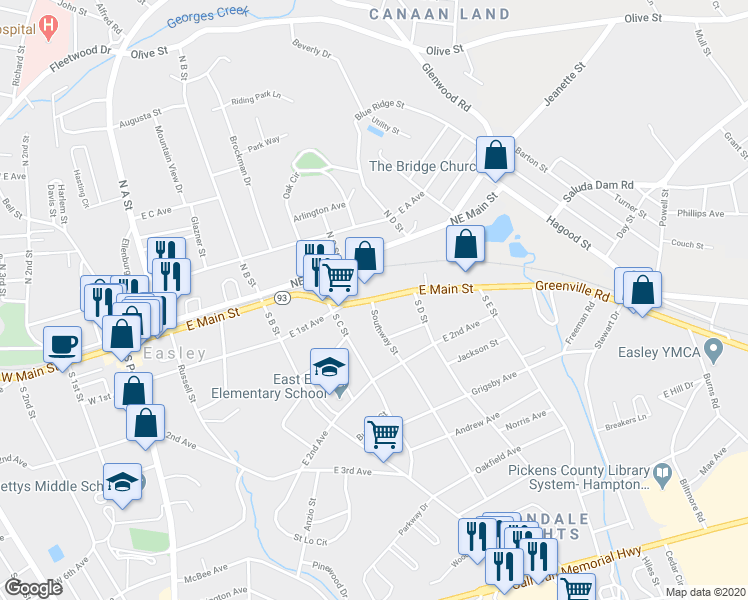 map of restaurants, bars, coffee shops, grocery stores, and more near 510 East Main Street in Easley