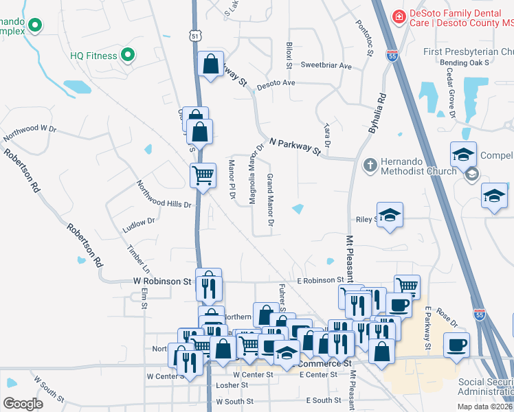 map of restaurants, bars, coffee shops, grocery stores, and more near 1966 Magnolia Manor Drive in Hernando
