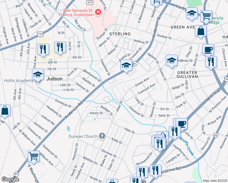 map of restaurants, bars, coffee shops, grocery stores, and more near 7 Gallon Street in Greenville