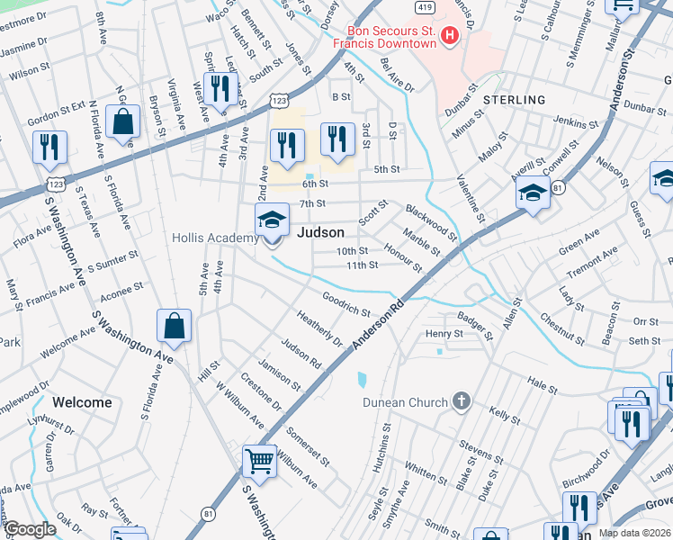 map of restaurants, bars, coffee shops, grocery stores, and more near 12 11th Street in Greenville