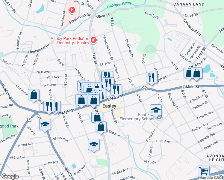 map of restaurants, bars, coffee shops, grocery stores, and more near 103 Pathfinder Circle in Easley
