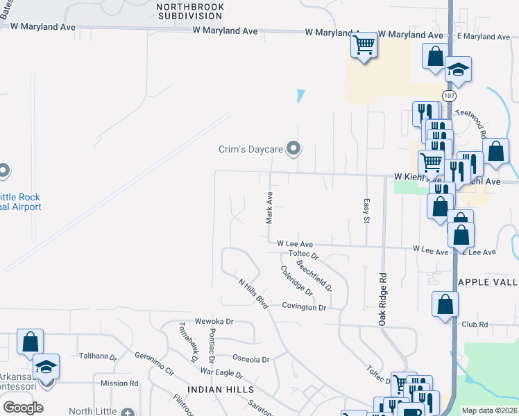 map of restaurants, bars, coffee shops, grocery stores, and more near 8308 Brighton Drive in North Little Rock