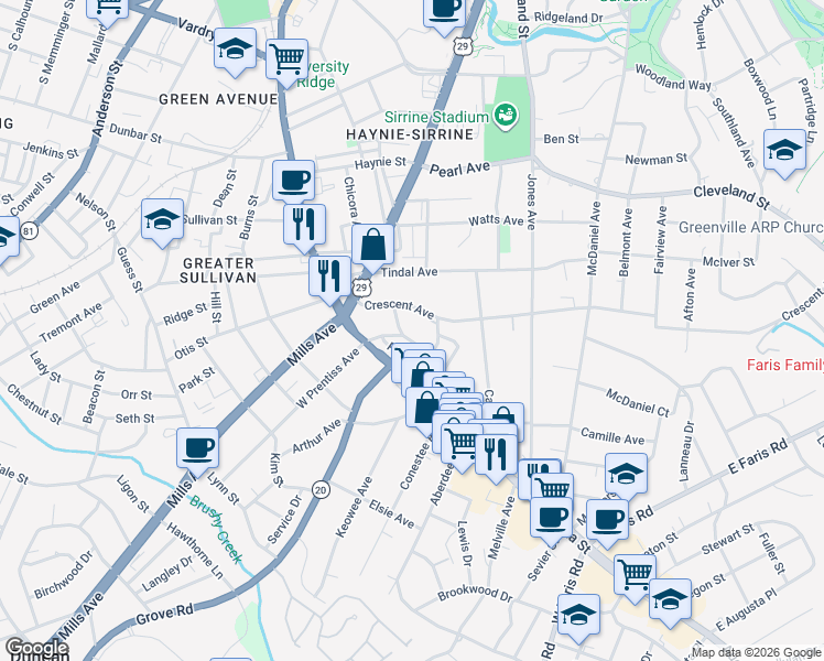 map of restaurants, bars, coffee shops, grocery stores, and more near 111 East Prentiss Avenue in Greenville