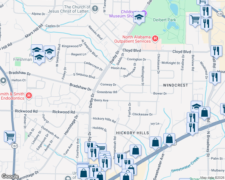 map of restaurants, bars, coffee shops, grocery stores, and more near 1933 Greenbrier Road in Florence