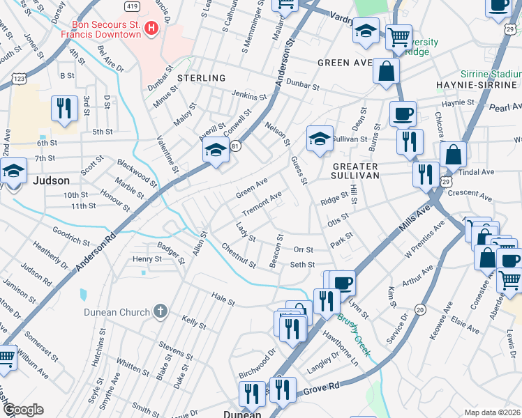 map of restaurants, bars, coffee shops, grocery stores, and more near 208 Stafford Street in Greenville