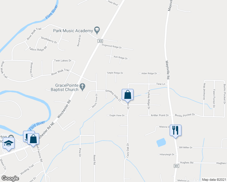 map of restaurants, bars, coffee shops, grocery stores, and more near 305 Smokey Hills Court in New Market