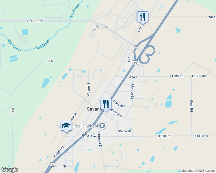 map of restaurants, bars, coffee shops, grocery stores, and more near Old US Highway 69 in Savanna