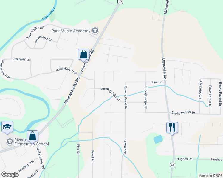 map of restaurants, bars, coffee shops, grocery stores, and more near 305 Smokey Hills Court in New Market