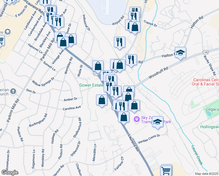 map of restaurants, bars, coffee shops, grocery stores, and more near 2405 Laurens Road in Greenville