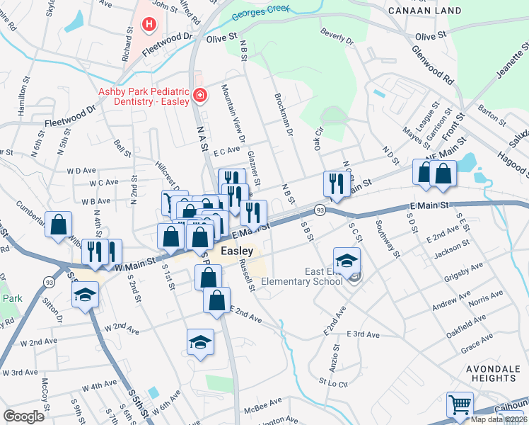 map of restaurants, bars, coffee shops, grocery stores, and more near 103 Pathfinder Circle in Easley