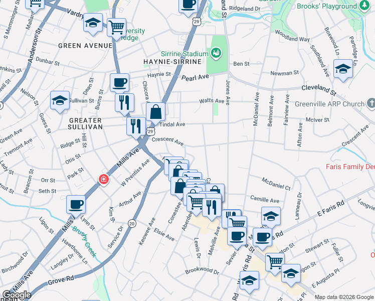 map of restaurants, bars, coffee shops, grocery stores, and more near 210 Crescent Avenue in Greenville