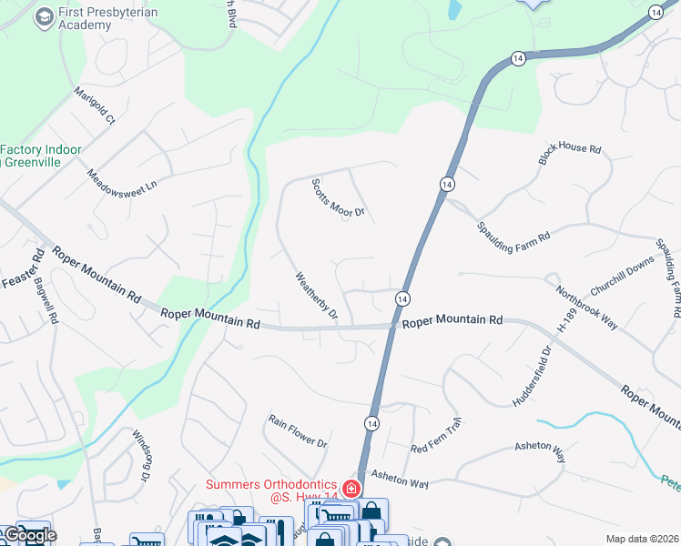 map of restaurants, bars, coffee shops, grocery stores, and more near 102 Meeting Place in Greenville