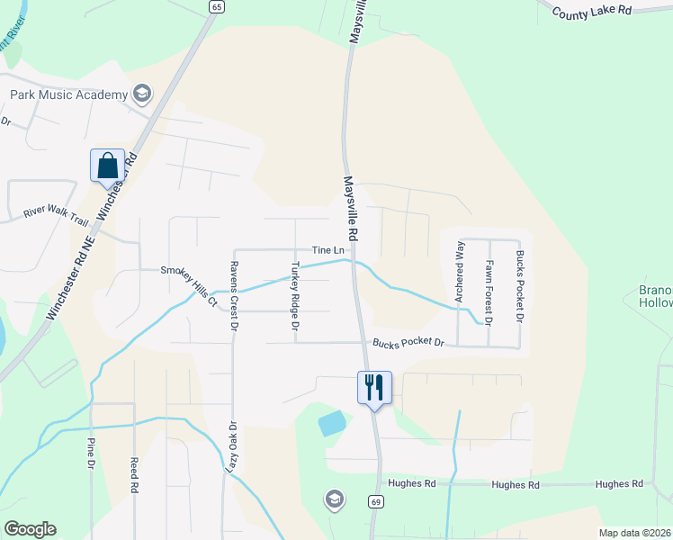map of restaurants, bars, coffee shops, grocery stores, and more near 5220 Maysville Road in New Market