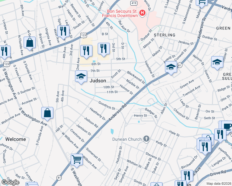 map of restaurants, bars, coffee shops, grocery stores, and more near 22 11th Street in Greenville