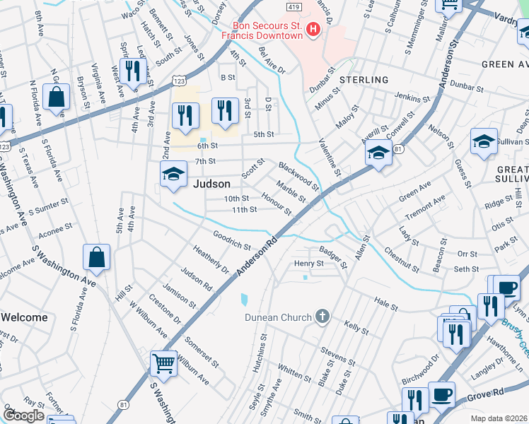 map of restaurants, bars, coffee shops, grocery stores, and more near 22 11th Street in Greenville